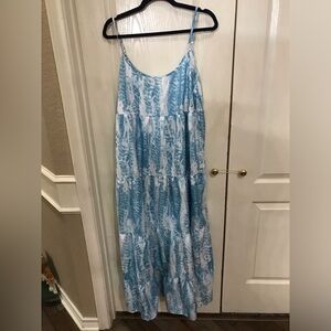 Blue and white print maxi dress, adjustable straps